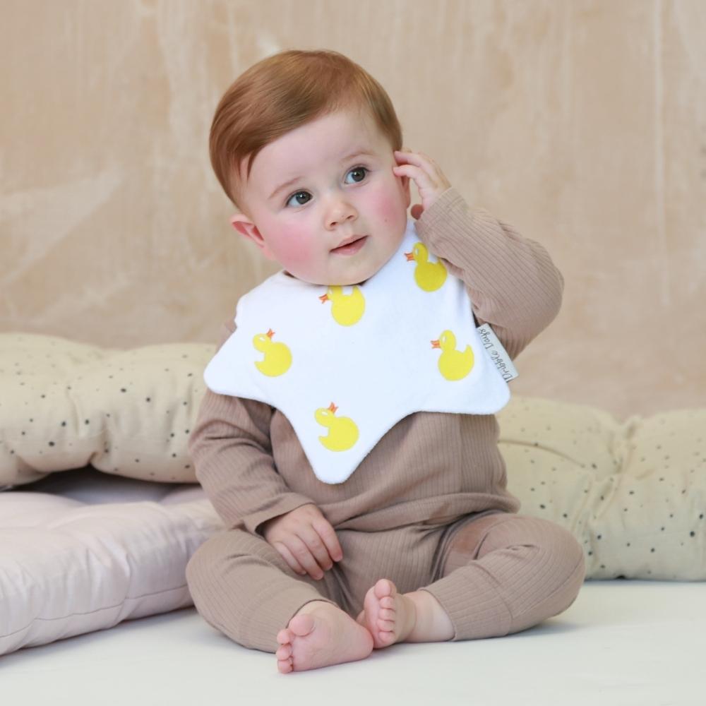 Neutral embroidered baby bib with ducks