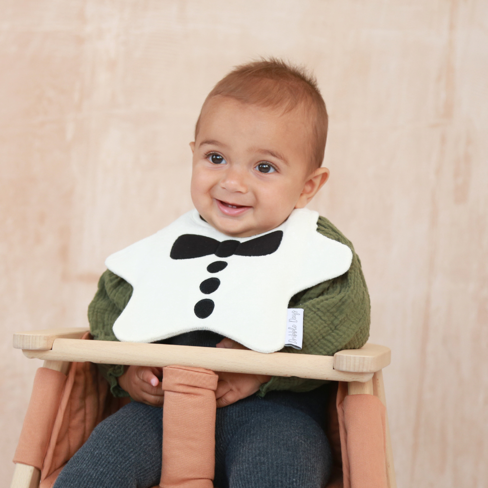 Baby Bib with smart black bow tie and buttons embroidered