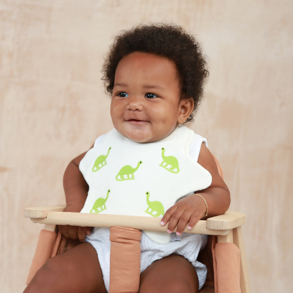 Baby wearing a star shaped bib with embroidered green dinosaurs