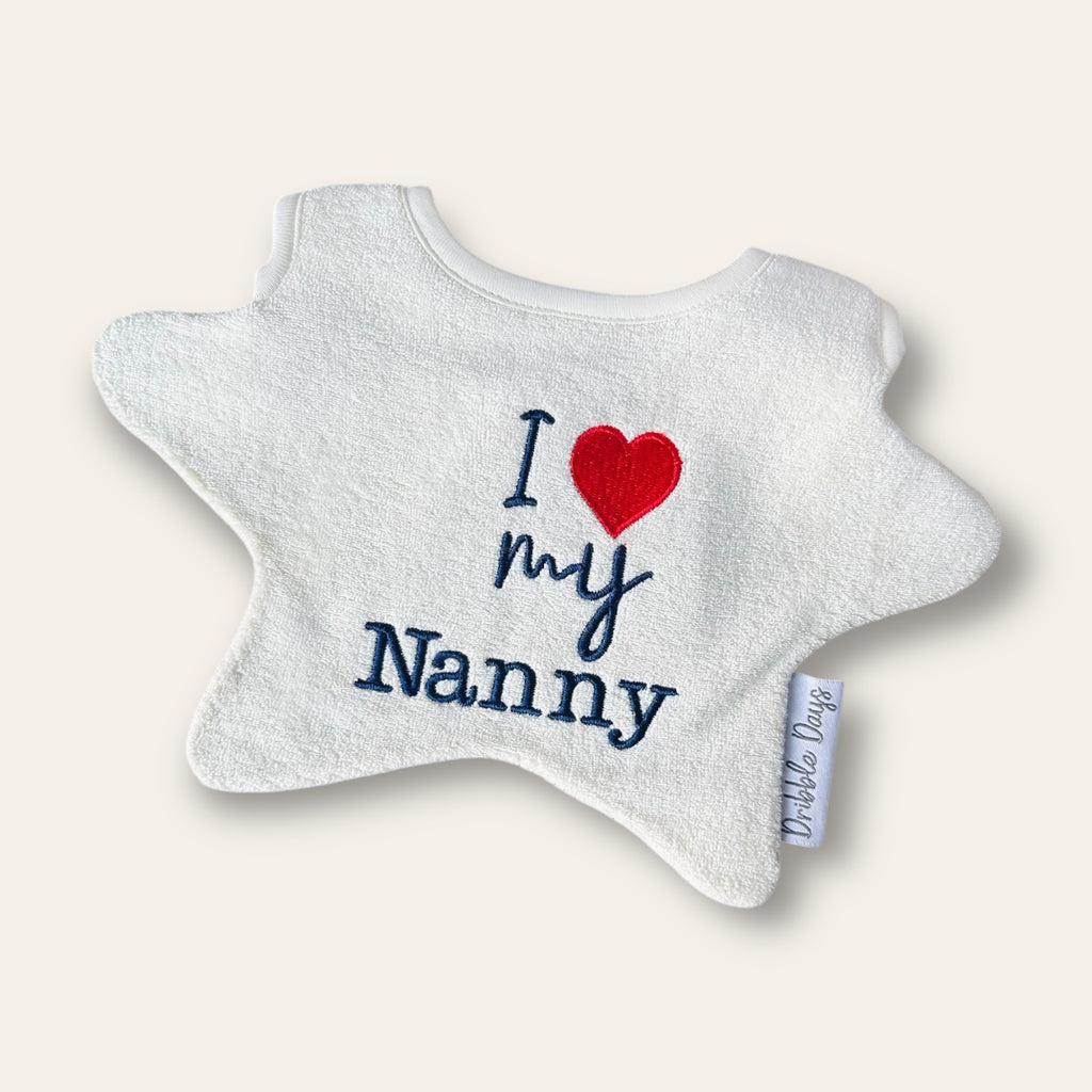 Star shaped baby bib embroidered with the text 'I Love my Nanny'