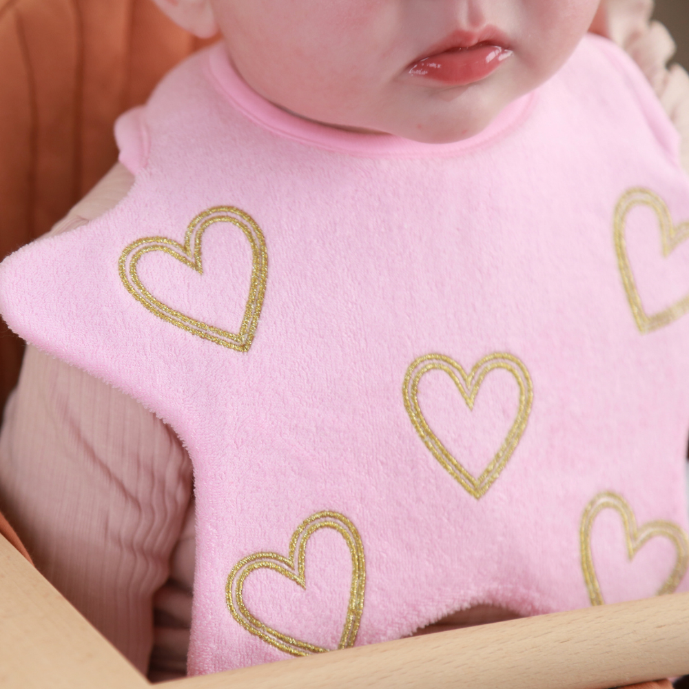 Dribble Days Pink Baby bib with embroidered golden hearts